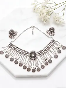 Vintage Silver Ethnic Coin Bell Necklace Earrings Set, jewelry set, Bohemian Design, boho, Rhinestone Center, Indian Style, Perfect for Weddings and Parties