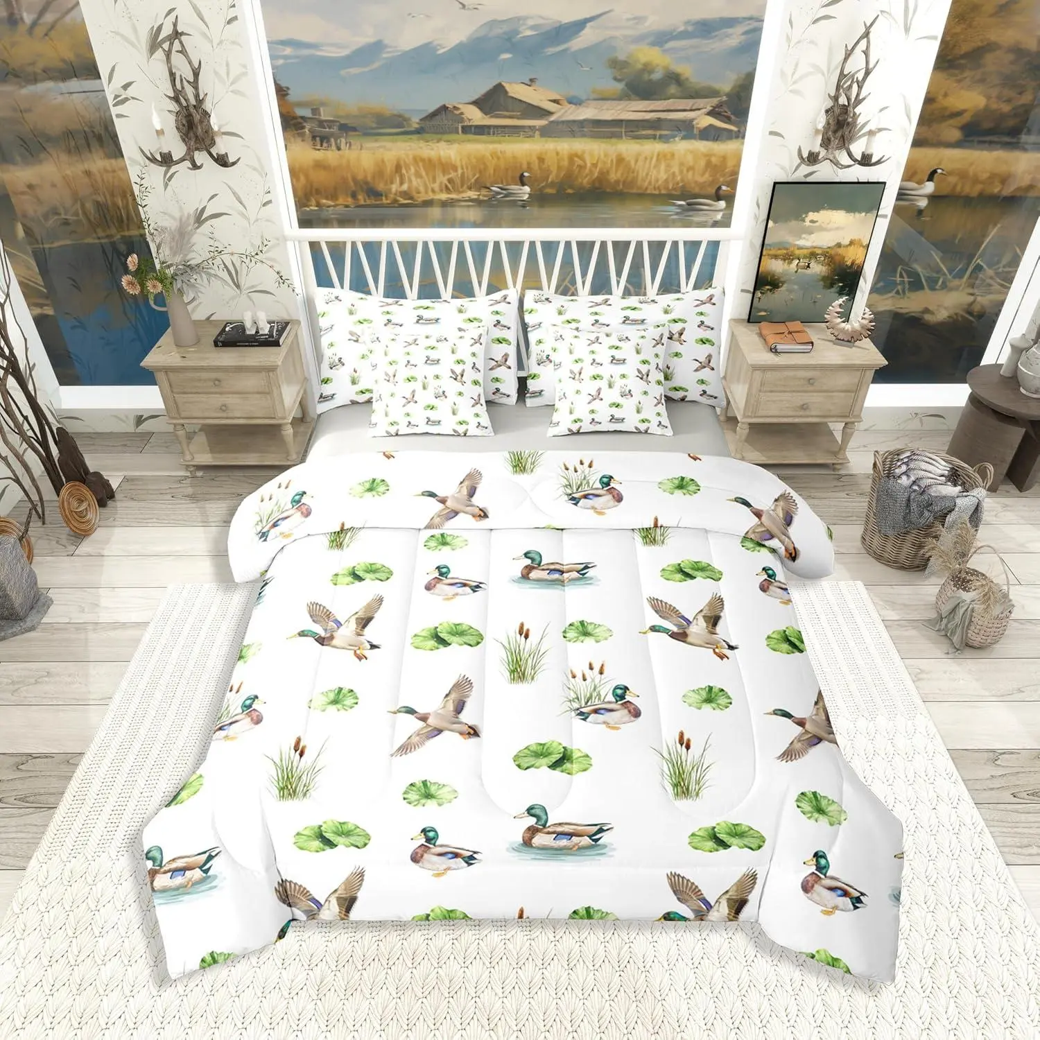 Feelyou 7-Piece Ultra Soft Duck Print Comfy Bedding Set - Breathable Quilt Bed Cover Set with Comforter, Sheets, Pillowcases, Multi-Size Farmhouse Rustic Decor (Cabin Hunting Fit), Breathable Quilt Set