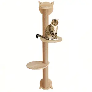 Sisal scratching post double jump platform 41 inch cat tree with scratching post, 2 perch platforms, wall-mounted sisal scratching board hammock, suitable for cats to climb, play and rest Vertical Scratcher Wood