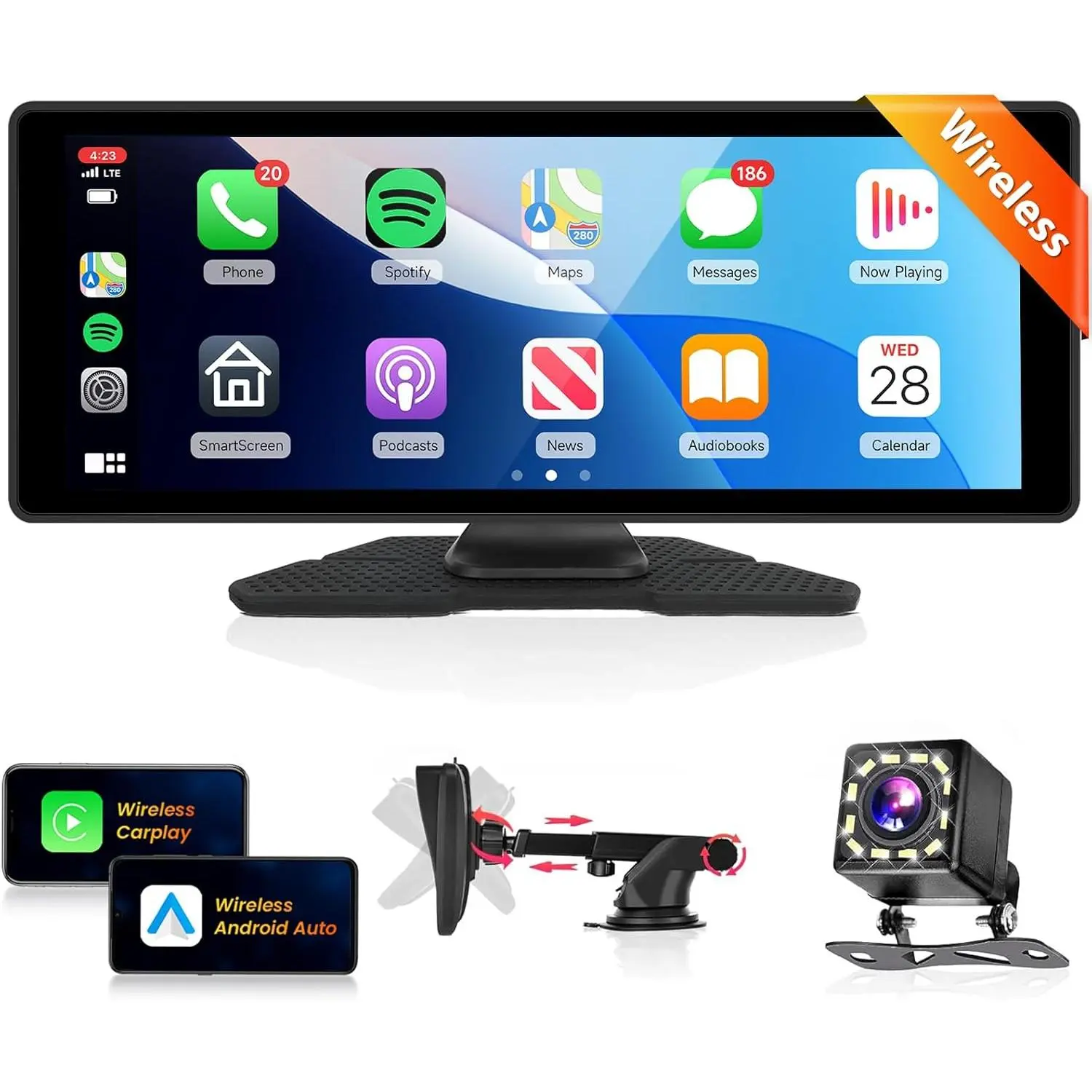 RIMOODY 10.26" Wireless Carplay Car Screen Car Player with HD Display, Wireless Android Auto Adapter, Bluetooth Handsfree, Touchscreen, Airplay, Android Mirror Link, GPS, Siri, Backup Camera, FM, AUX, TF Card Port, Car Screen Carplay