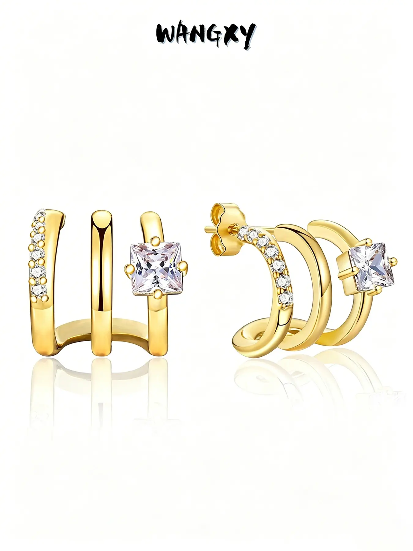 WANGXY 14K Gold Plated Triple Arc Earrings Women's Claw Set With Cubic Zirconia Earrings Unique Design Earrings Statement Triple Hoop Stud Earrings Stud Earrings Jewelry Studs Earrings Versatile Earrings
