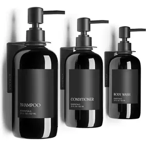 Stylish Shampoo and Conditioner Dispenser Set of 3 for Wall Mount - Modern Drill Free 21oz Shower Soap Bottles with Labels - Easy Refill Body Wash Dispensers for an Instant Bathroom Decor Upgrade