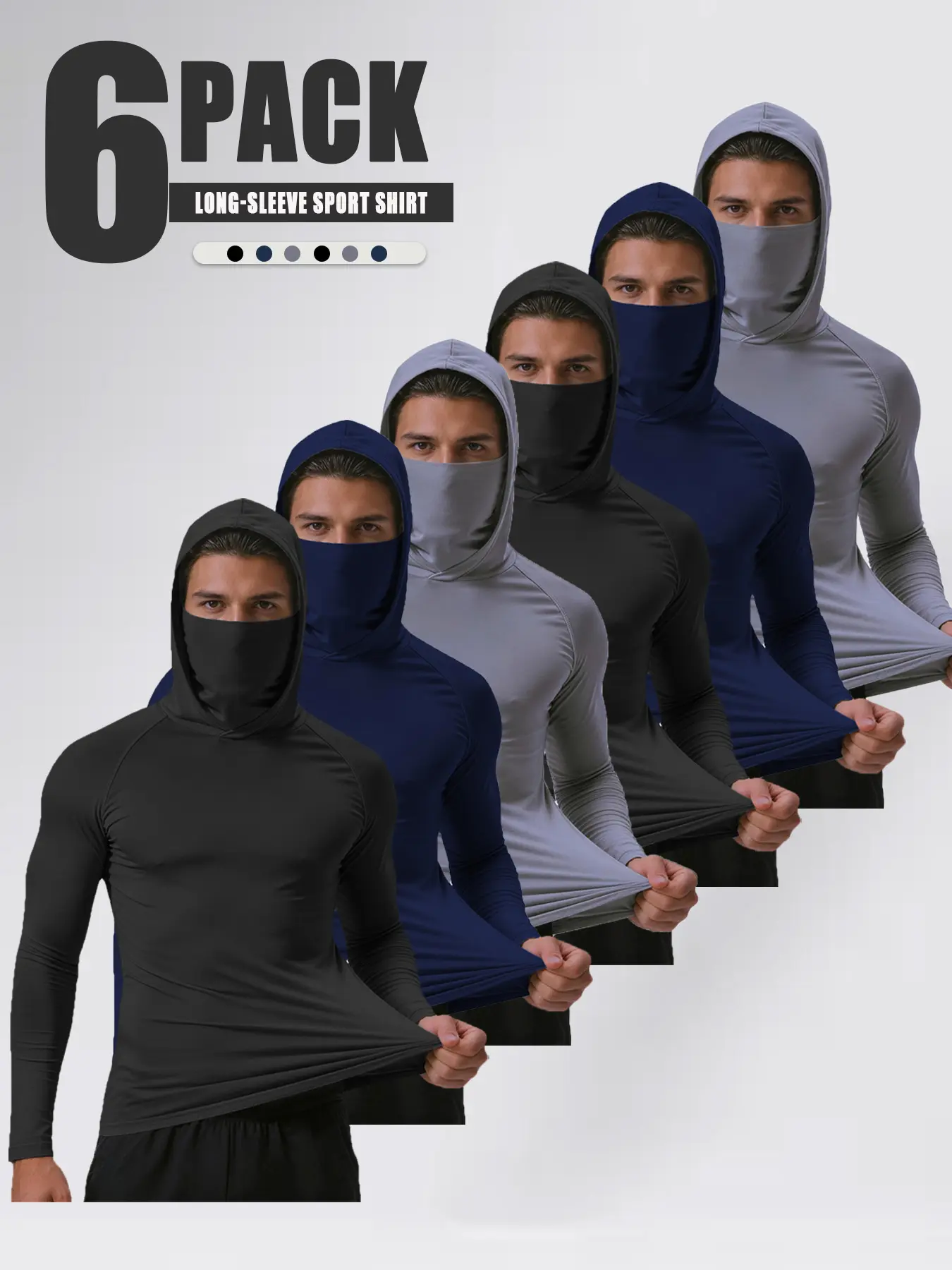 Set of 6 men’s hoodies with a mask design, made from high‑elasticity, quick‑drying, breathable fabric—ideal for outdoor fishing and running workouts.