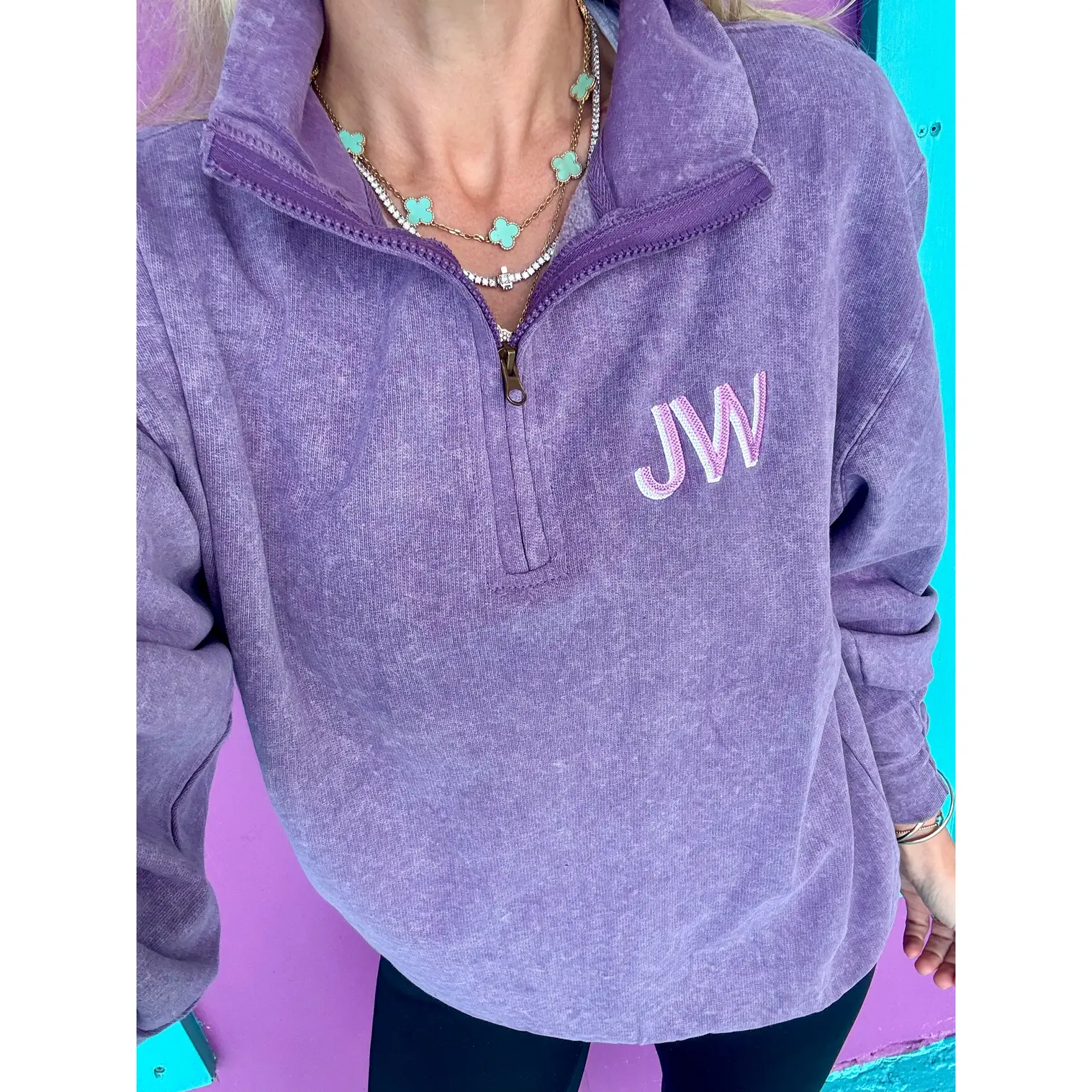 Acid Purple Embroidered Quarter Zip Pullover