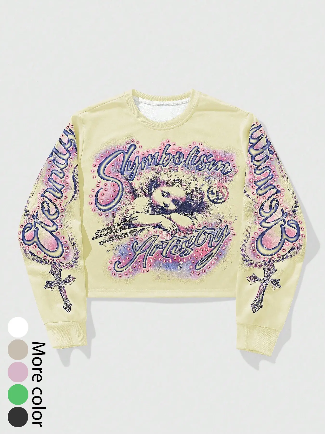 Vintage Angel Rhinestone Long Sleeve Round Neck Fitted Sweatshirt, Street Style Letter Cross Graphic Print Cropped Short Top, Fashion Comfortable, Back-To-School Casual Wear, Streetwear, Everyday, Piece