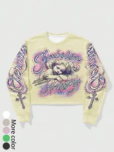 Vintage Angel Rhinestone Long Sleeve Fitted Sweatshirt, Street Style Letter Cross Graphic Print Cropped Short Top, Fashion Comfortable, Back-To-School Casual Wear, Streetwear, Everyday