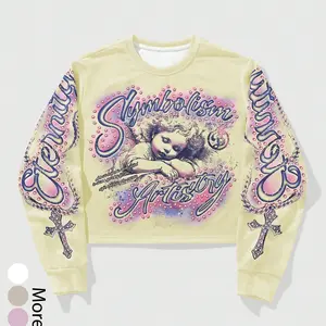 Retro angel rhinestone long sleeved sweatshirt, street style letter cross printed short top, fashionable and comfortable, back to school casual wear