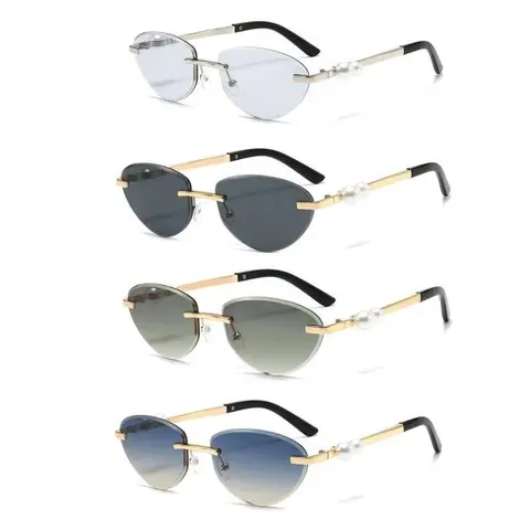 Women's Rimless Cut-Edge Modern Cat Eye Sunglasses Set (2 Pairs/Set) - All Seasons UV400 Protection Lenses, Metal-PC Lenses, Pearl Accents, Polycarbonate Eyewear, Fashion Shades