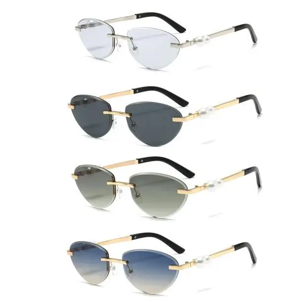 Women's Rimless Cut-Edge Modern Cat Eye Sunglasses Set (2 Pairs/Set) - All Seasons UV400 Protection Lenses, Metal-PC Lenses, Pearl Accents, Polycarbonate Eyewear, Fashion Shades