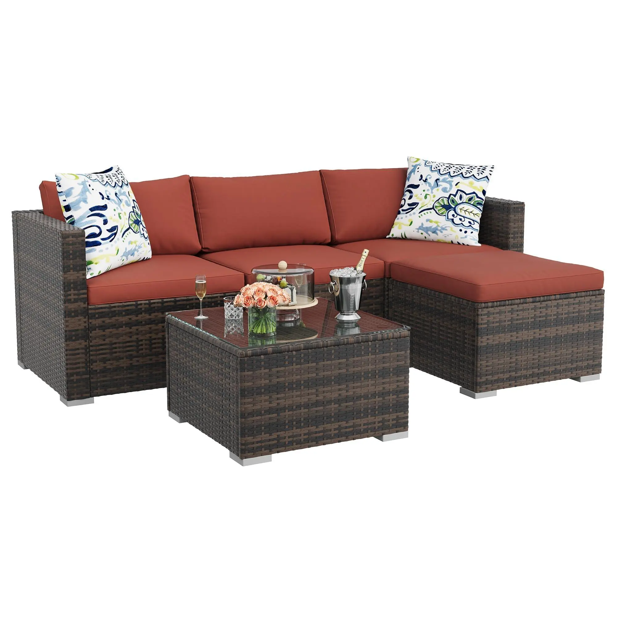 Gaomon 5-Piece Modular All-Weather PE Rattan Outdoor Patio Sectional Conversation Set - Brown Sectional Couch, Tempered Glass Table, Washable Cushions for Backyard, Porch