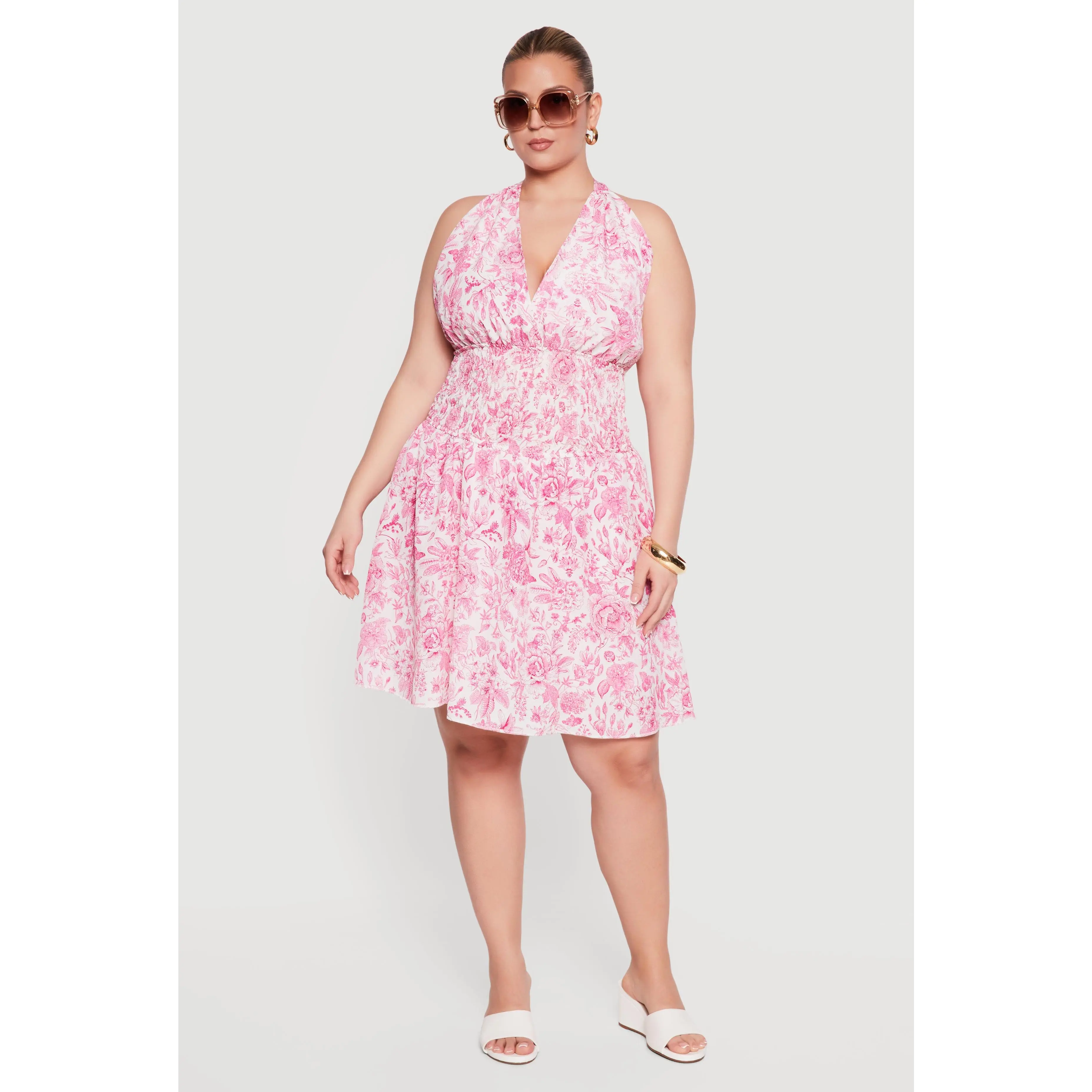 Plus Size Floral Print Smocked Waist Skater Dress with Shorts Lining