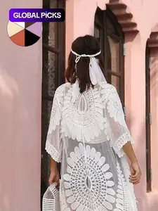 Women's Sexy Lace Knit Tie Front Butterfly Sleeve Swimsuit Cover-Up, Sheer Cover Ups, Transparent Mesh Beachwear with Mandala Pattern, Ideal Vacation Choice, Swimsuit Coverup, Swimwear Coverups
