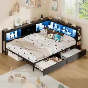 Full Corner Bed Frame with Storage Bookcase, Full Daybed with Charging Station and LED Light, Kids Bed Unit with Storage Drawers Underneath, Black Modern Metal Platform Bed Frame Full Size