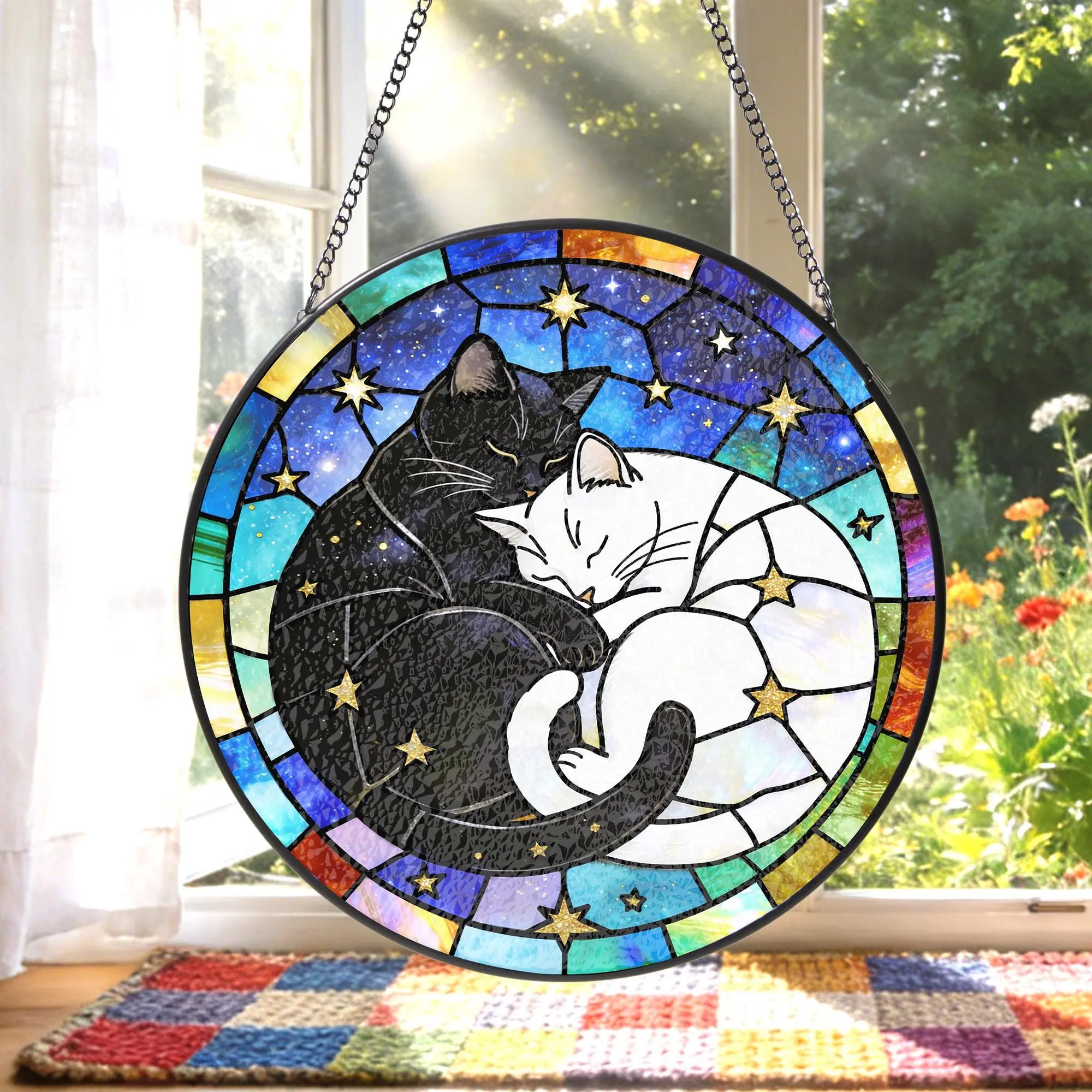 Cat Stained Glass Suncatcher, Custom Cat Couples Window Hanging Glass Ornament, Housewarming Gift for Couple, Wife, Husband