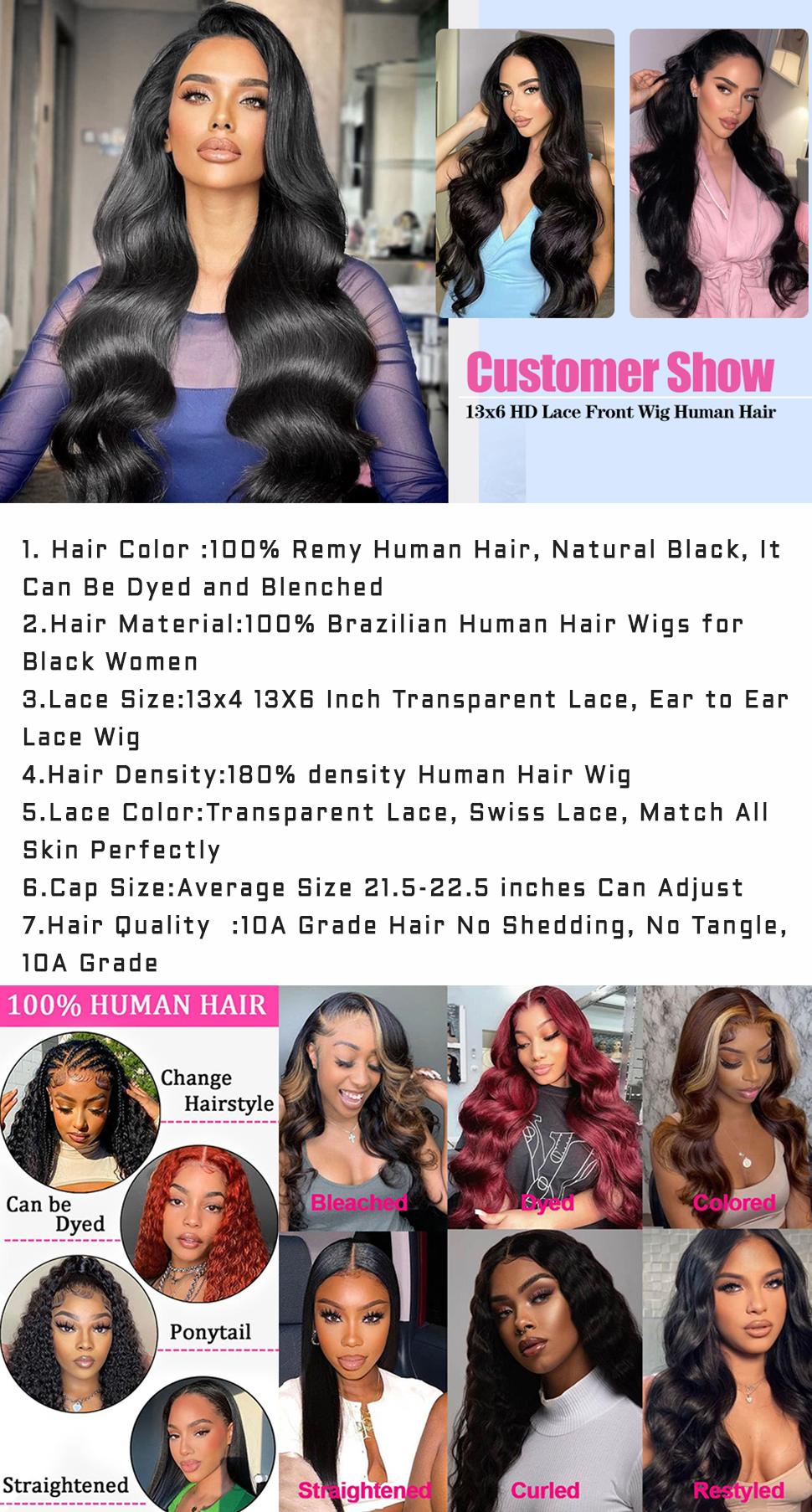 13x6 13x4 Lace Frontal Wigs Human Hair Pre Plucked 180 Density HD Body Wave Lace Front Wigs Human Hair 10A Frontal Wigs Human Hair wigs for Women Glueless Wigs Human Hair Pre Plucked Black wig