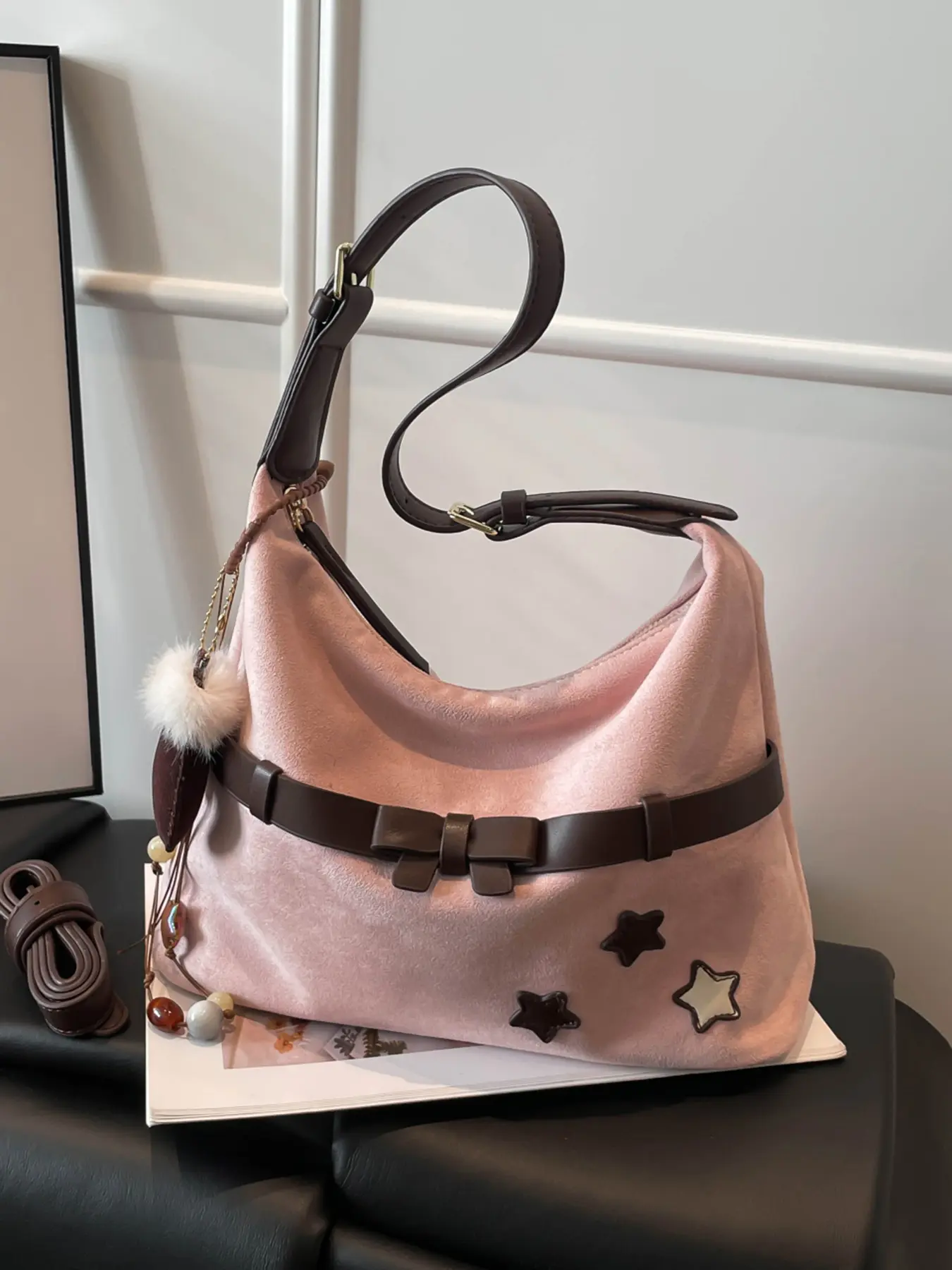 Light luxury retro Crossbody Shoulder Bag, Fashion crossbody handbag, underarm bag with bow belt design, decorated with glove pendant and pentagram pattern, can accommodate mobile phones and lipstick, Fashionable Daily Crossbody Cross Body Bags