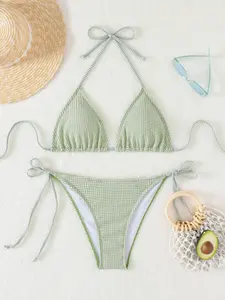 Two-piece Set Women's Striped Print Halter Bikini Set, Tie Back Triangle Swim Bra & Tie Side Swim Panty, Ladies Swimsuit for Beach Holiday Vacation, Bikinis Sets, Summer Beach Bikini, Ruched Halter Swimsuit, Bathing Suit Bikini, Halter Neck Bikini