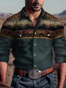 Men's Fitted Dark Green Ethnic Fashion Long-Sleeve Jacquard Collared Shirt - High-Quality Polyester Fabric, 2 Patch Pockets, Button Closure, Artistic Craft, Mature Casual All-Season Menswear Tops