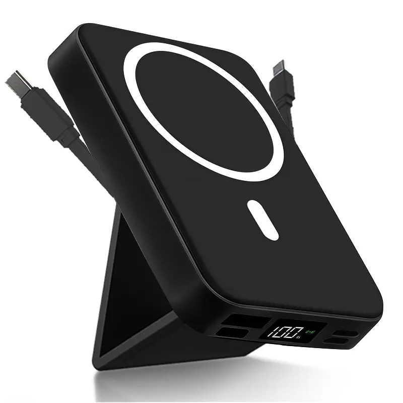 Magnetic power bank, 10000mAh wireless portable charger with USB-C data cable, LED display, foldable battery pack, 22W fast charging, compact silicone material, black.