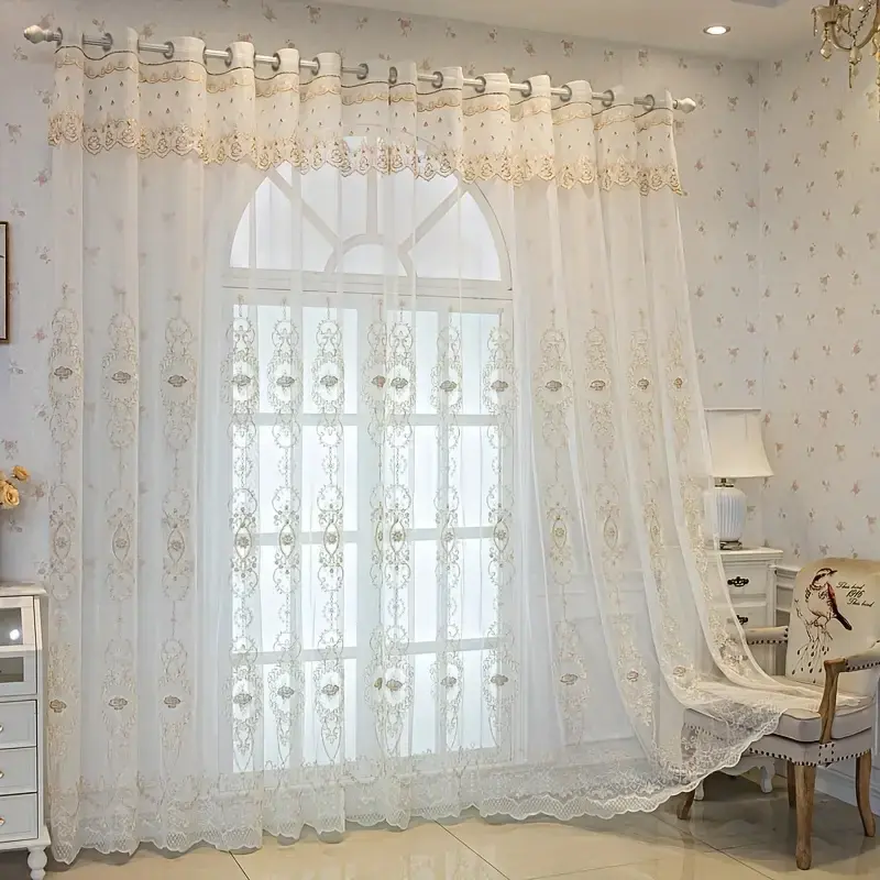 2-Panel White Lace Sheer Breathable Curtains, Grommet Top, Delicate Gold Floral Embroidery, Light Filtering Voile Drapes, 132cm*260cm[52in*104in] for Sliding Glass Door, Vintage French Cottagecore Window Decor (Do Not Bleach, Dry in Shade), 132Cm*260Cm[52