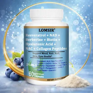 Resveratrol + NAC + NAD + Collagen Peptides + Hyaluronic Acid + Thiamine Capsules, Support Mood, Hair, Nails, Eyes Health - Containing Saw Palmetto, Coenzyme Q10, Quercetin, Omega-3, And Black Pepper - 60 Capsules
