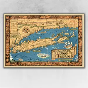 212 MAIN 16x24 in. Heavyweight Bordered 1933 Vintage Long Island Map Print, Art Illustrations, Home Decor Wall Art, Multi-Color Posters & Prints