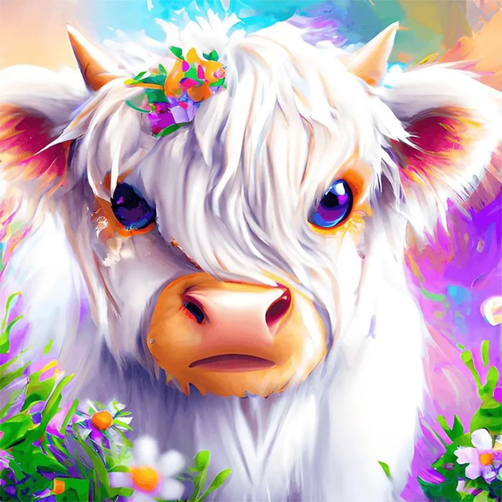 Cow & Flower Pattern Diamond Arts Colorful Painting Kit without Frame, DIY 5D Paint by Numbers Diamond Art Crafts Kit, Wall Art Decor for Home Living