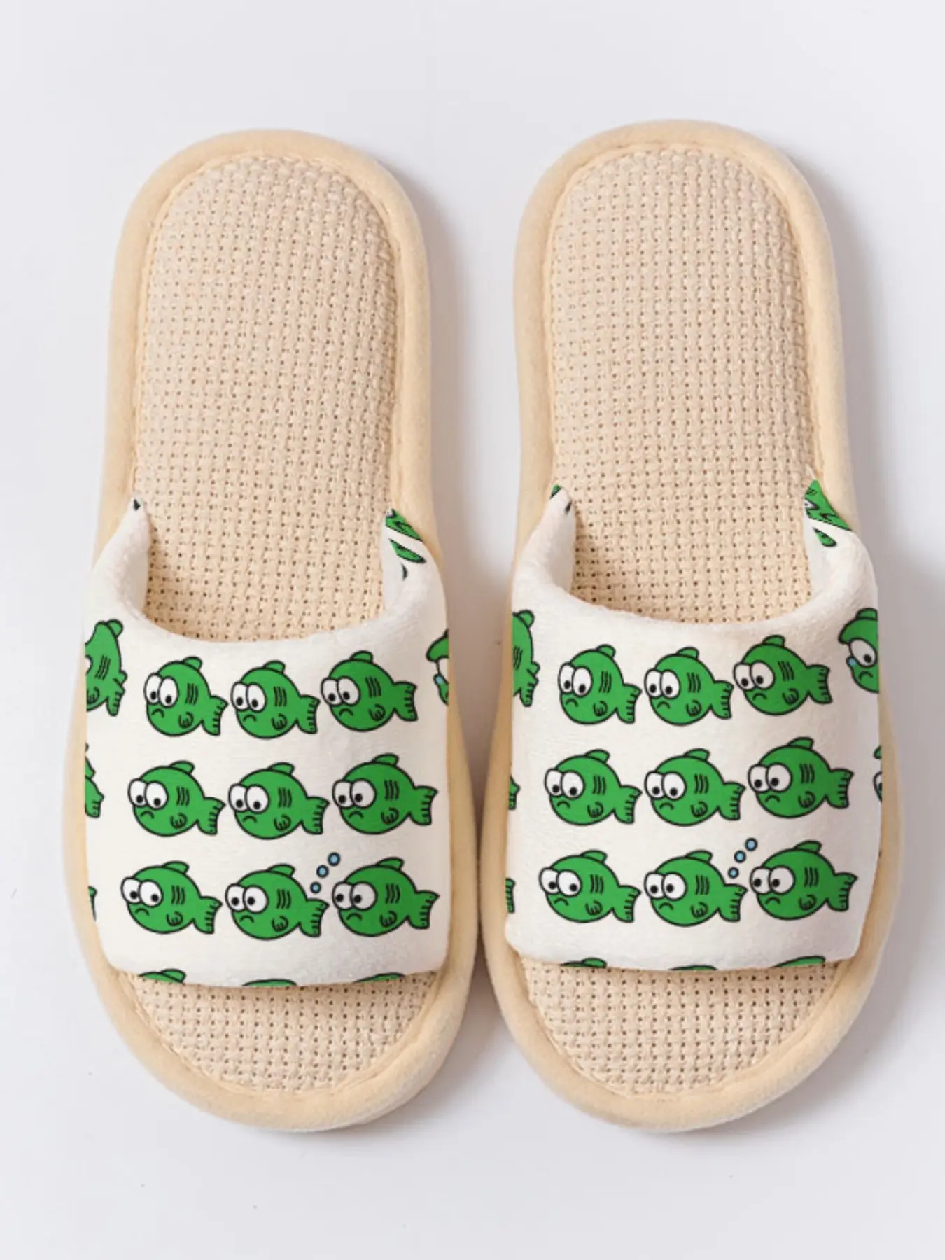 Cute Green Fish Print Linen Slippers, Playful Non-Slip Breathable Lightweight All Season Home Shoes for Women Men Family Guest Daily Wear