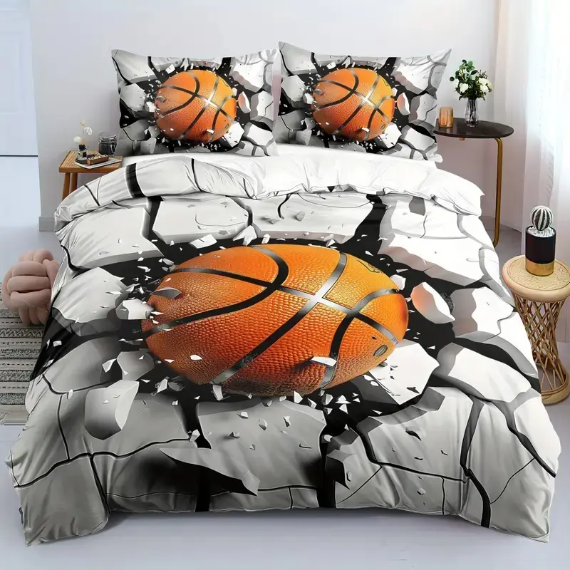 3-Piece Basketball Print Bedding Set, Bedroom Bedding Set, Soft Breathable Polyester Fabric, All-Season Use, Includes 1 Fitted Sheet + 2 Pillowcases