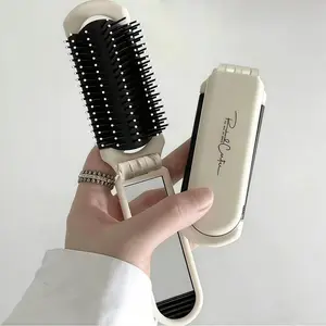 Folding Travel Hair Brush with Mirror, Cream White Portable Pocket Hairbrush with Flexible Bristles, Lightweight Foldable Comb for Women(White)