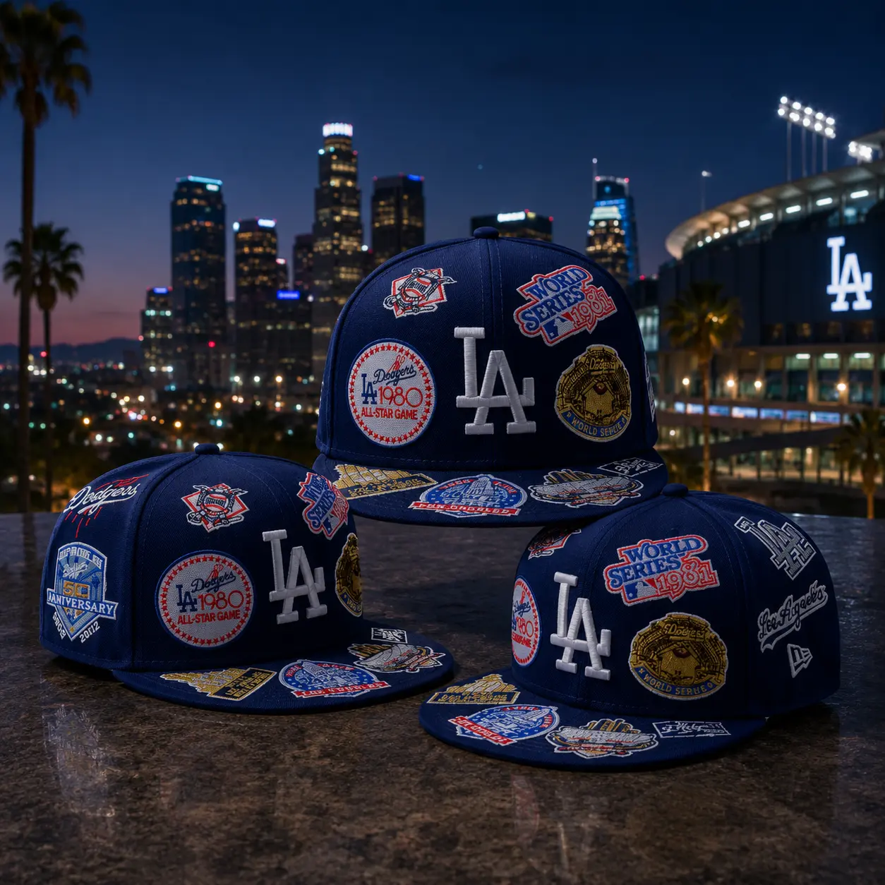 New Era Los Angeles Dodgers Navy 59FIFTY Fitted Cap – All Over Embroidered Baseball Hat with World Series Side Patches