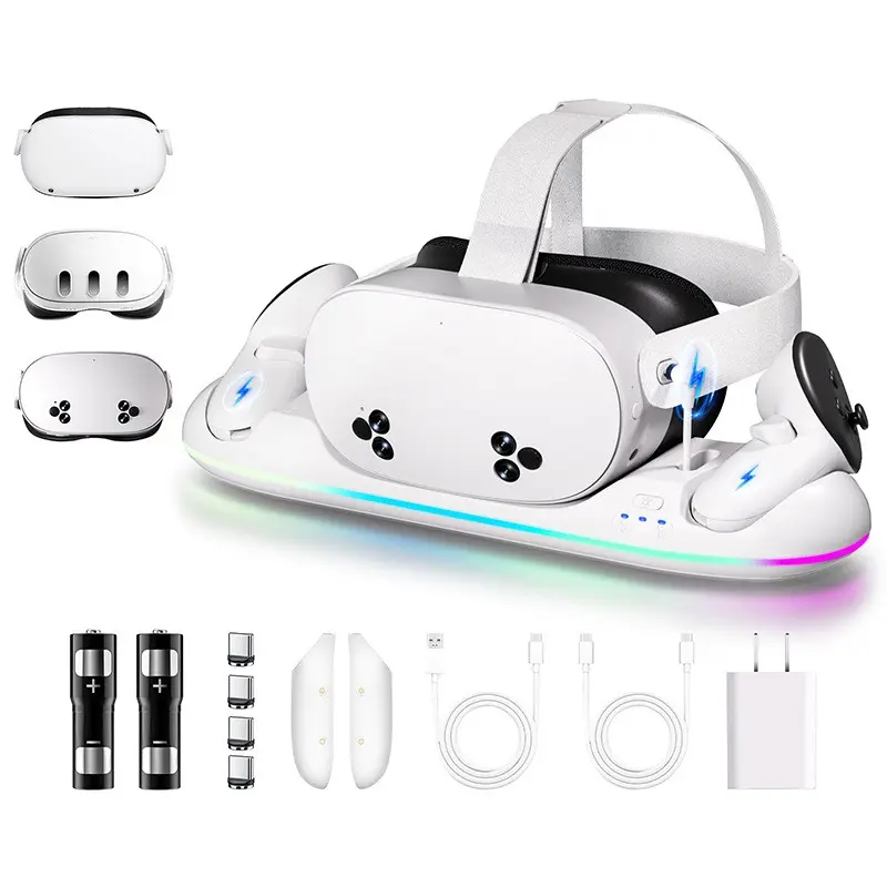 Charging Dock for Meta Quest 3＆Quest 3S-Fast Charging Station Compatible with Oculus Quest 2&3＆3S-VR Charging Accessories with RGB Light-Magnetic Charging Stand for Controller-2 Rechargeable Batteries
