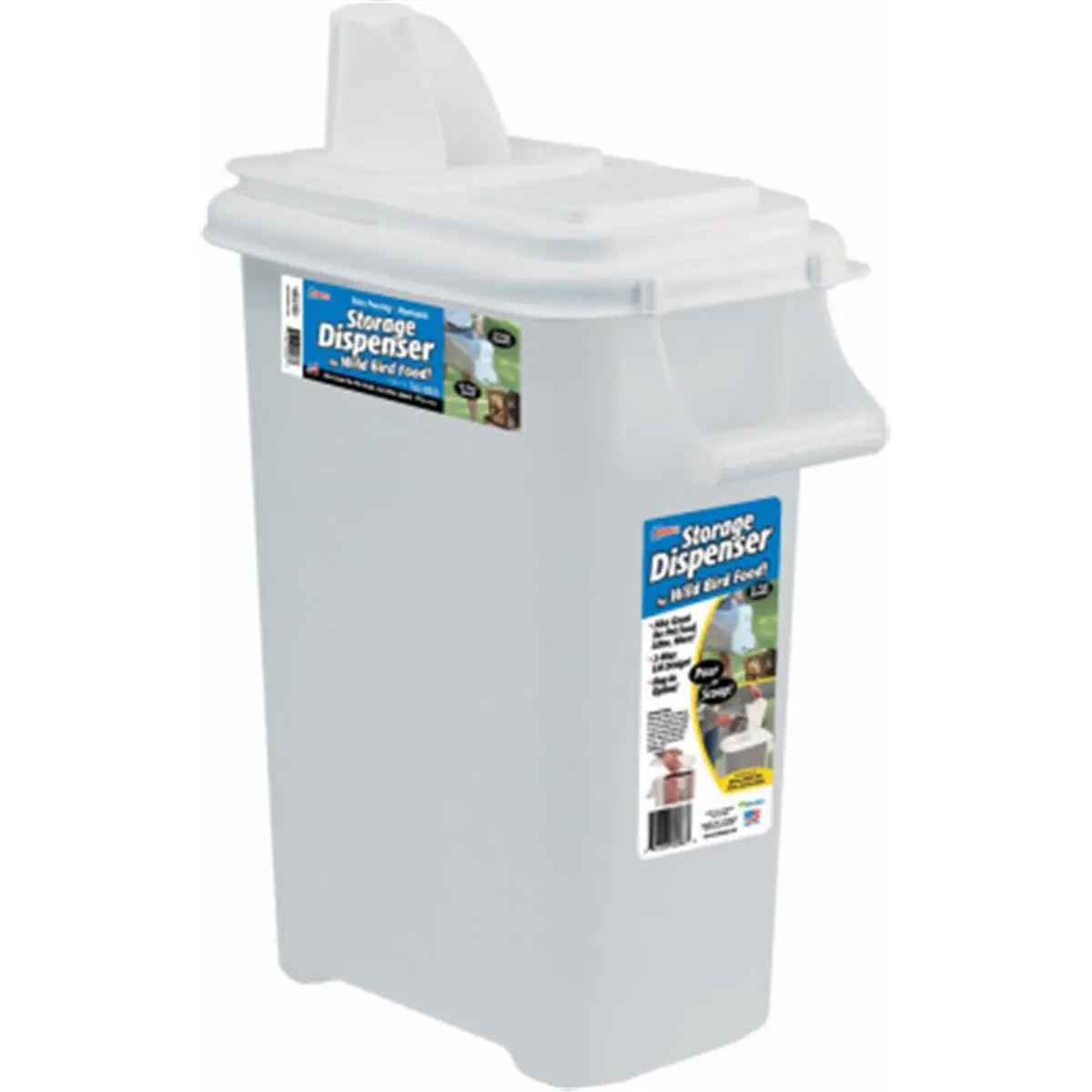 Buddeez 16 qt Resin Bird Seed Dispenser, BPA-Free, Dual Pour Lid, Patented Bag Gripper Lid, Holds Up to 20 lb Bags