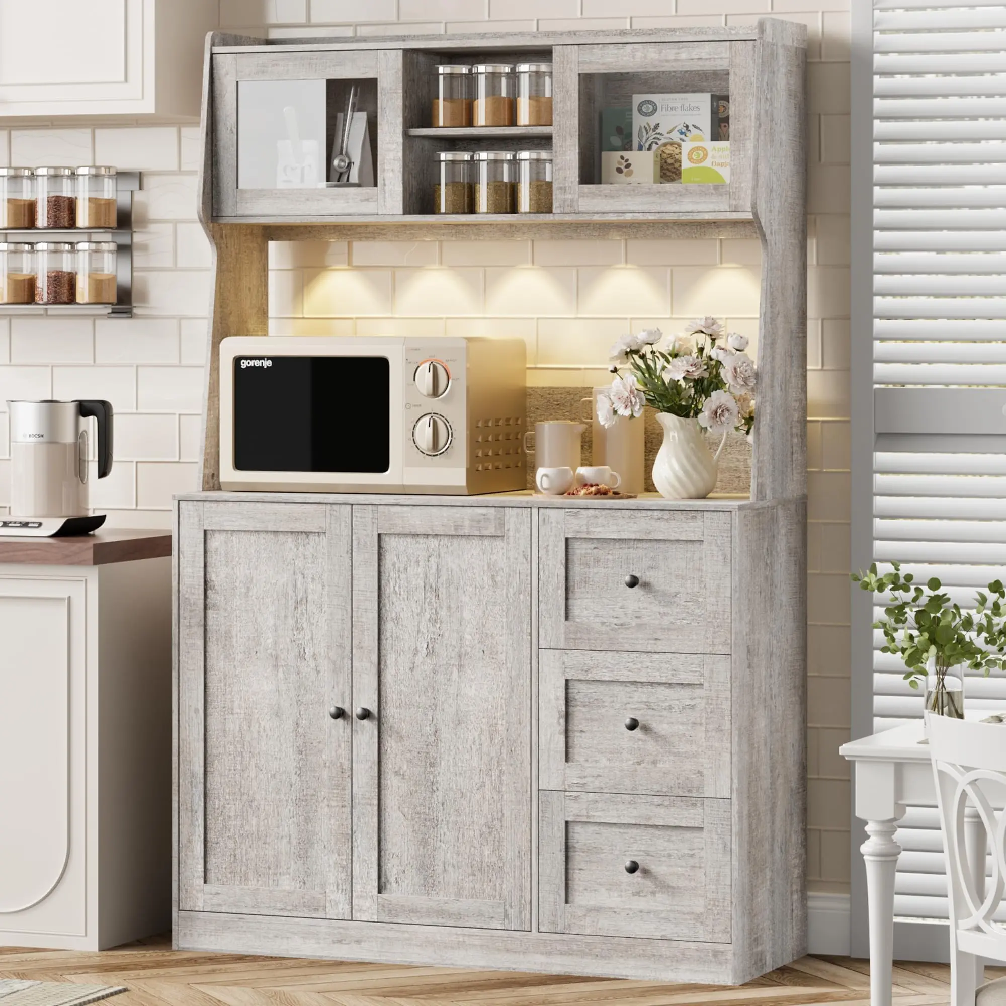 67" Tall Modern Storage Kitchen Hutch Cabinet, Farmhouse Coffee Bar with 3 Drawers, LED Lights, Countertop - Freestanding Food Pantry for Living Room, Dining Room, Grey, Modern Storage Cabinet