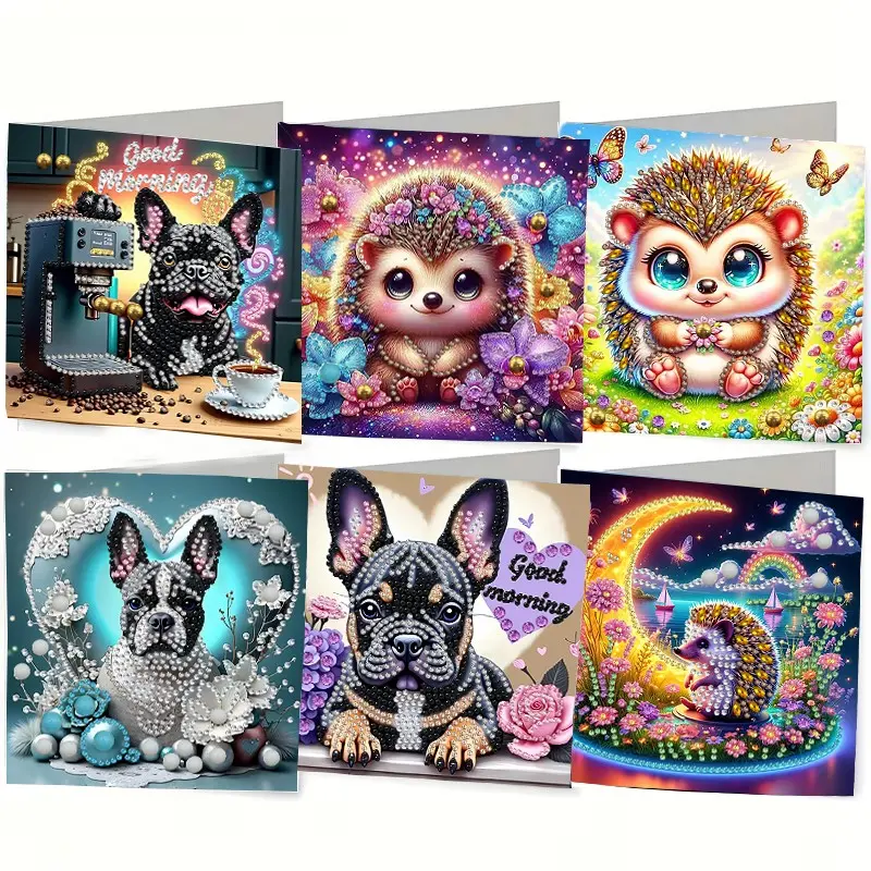 6-piece/set DIY Diamond Painting Kit Birthday Card Kit, animal pattern design, rhinestone diamond painting art mosaic postcards, holiday greeting cards, birthdays, perfect for families, friends, and lovers, handmade gifts, Handicraft, Diy Craft Supplies