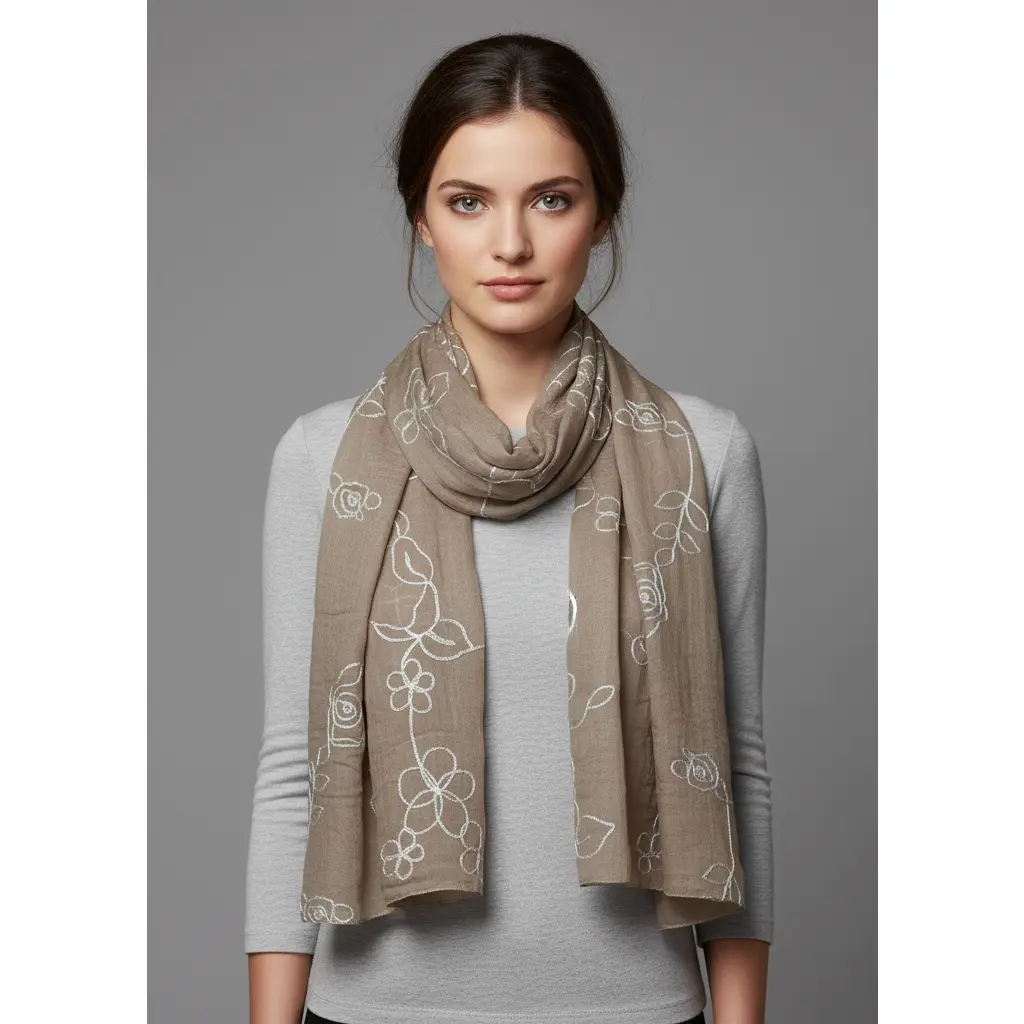 Intricate Floral Rose Embroidered Light Weight Summer Shawl Scarf Wrap Taupe