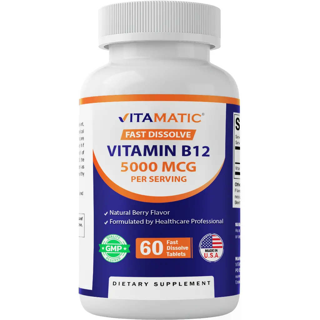 Vitamatic Edible Natural B12 Dietary Supplement - 5000 mcg, 60 Fast-Dissolve Berry Flavor Tablets - Supports Energy Production, Nervous System Health - Non-GMO, Gluten-Free, USA-Made, Vitamin, Nutrition Vitamins Supplements