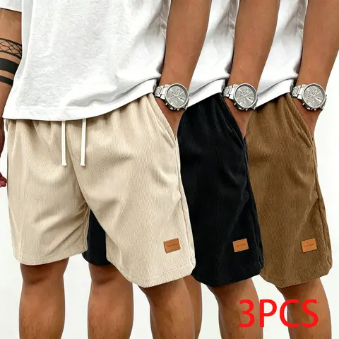 Men's 3-Pack Corduroy Shorts - Khaki+Black+Coffee, Mid-Waist Loose-Fit Mid-Length, Adjustable Drawstring, Plain Basic Lounge & Outdoor Summer Casual Bottoms