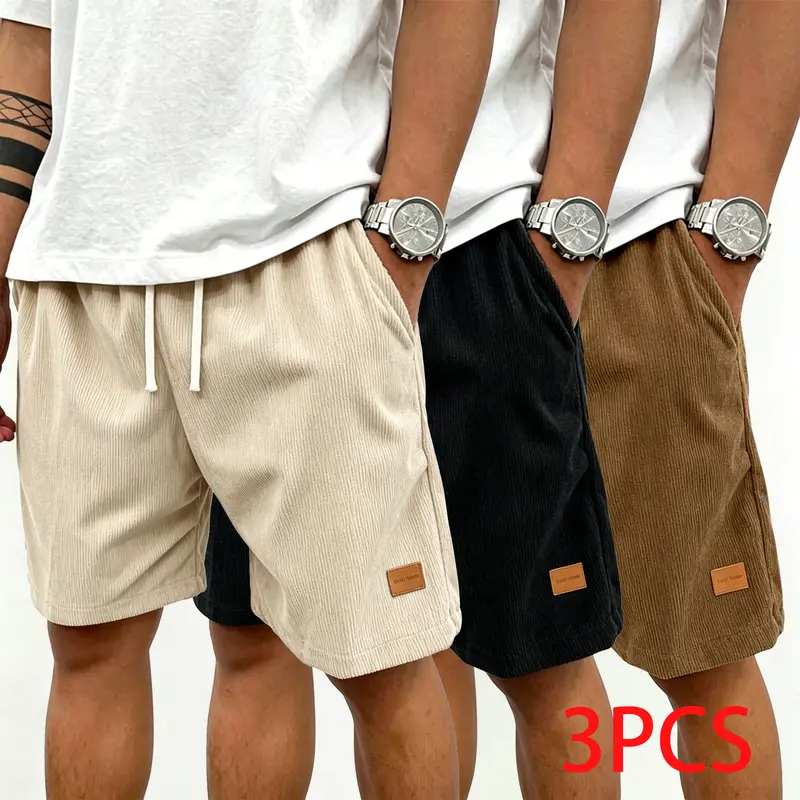 Men's 3-Pack Corduroy Shorts - Khaki+Black+Coffee, Mid-Waist Loose-Fit Mid-Length, Adjustable Drawstring, Plain Basic Lounge & Outdoor Summer Casual Bottoms
