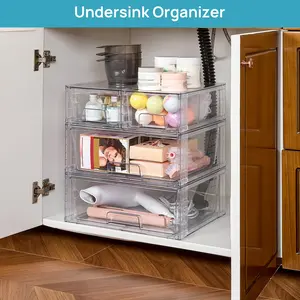 【Undersink Organizer】Vtopmart Transparent Stackable Drawer Organizer, Perfect for Pantry, Under the Sink, Organizing Snacks, Cosmetics, Tampons,Medicines,Pet supplies, FREE Stickers