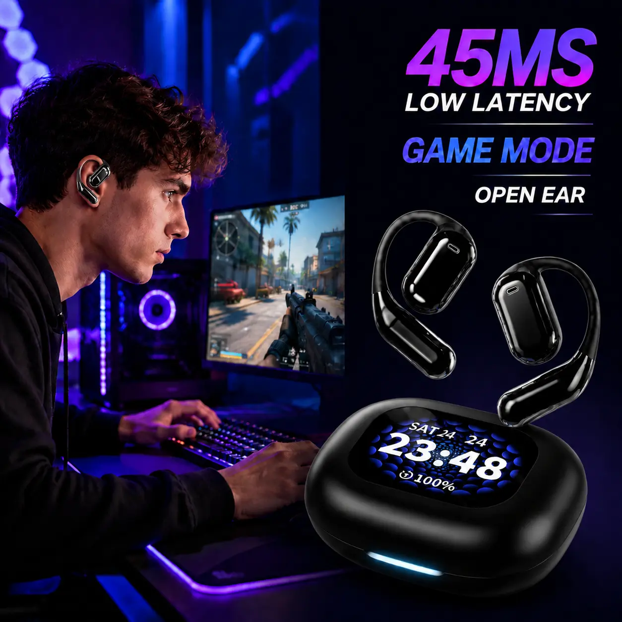 Open Ear Wireless Ear Clip Gaming Headset, Multifunctional Earbuds with 45ms Low Latency, Bluetooth 5.4, Smart Touch Control, HiFi Stereo Audio, IPX5 Sweatproof, 3.5mm Compatibility, Carton Pack Mobile Audio Earphones