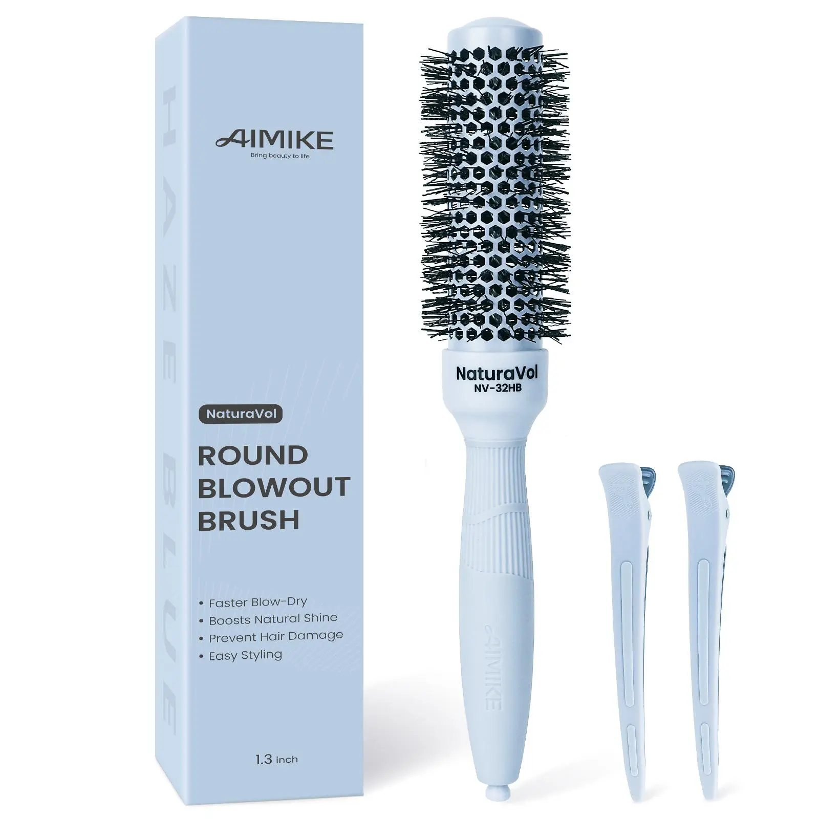 AIMIKE NaturaVol Nano Thermal Ceramic Round Brush - 1.3" Barrel (2.1" with Bristles), Blue Fine-Lock Hair Tool for Blowout, Transformation, Curly Hair Straightening, Beach Waves, Natural Curls, Fast Dry, Smooth Salon Finish, Volume Boost, Blowout Hair, Ha