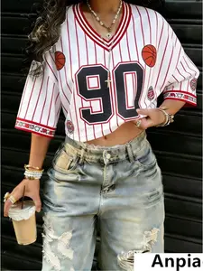 Vintage 90s Basketball Stripe Print Women's Short Sleeve Jersey, V-Neck Retro Sport Streetwear Top, Loose-Fit Athletic Wear