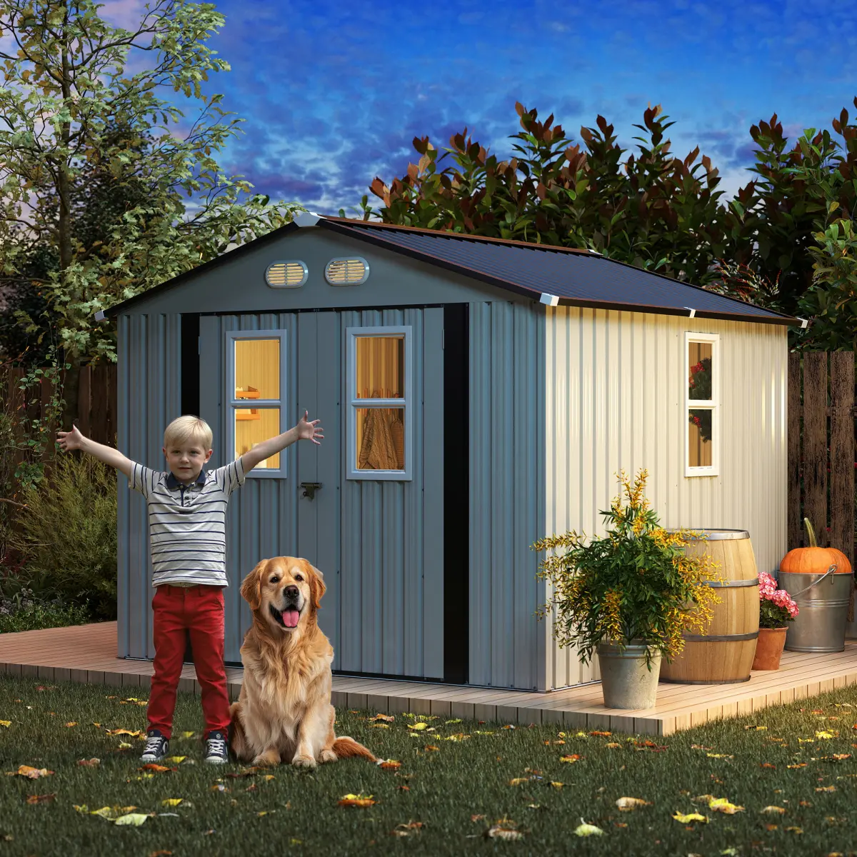 Outdoor Storage Shed 8 x 8ft. Utility Tool Shed Metal Storage Garden Shed with Lockable Doors, Four Daylight Windows & Metal Frame for Patio Storage, 8x8 Protective Film, White