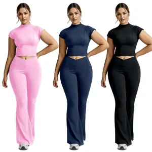 Solid Color Spring & Summer Casual Pants Set High-Waisted Crop Top & Flared Leggings Women's Yoga Workout Outfits