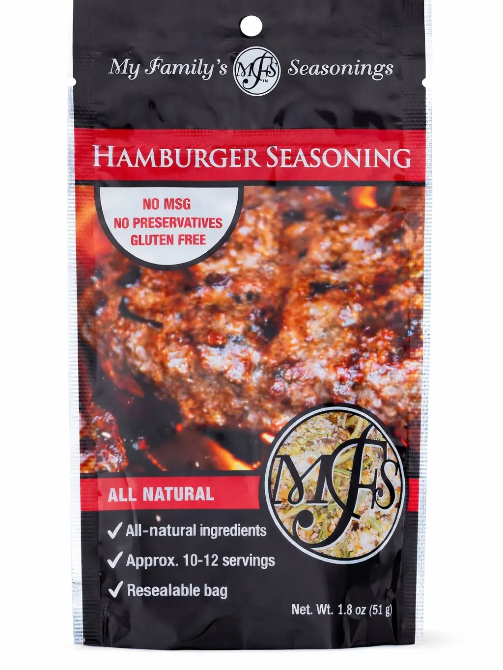 MY FAMILY'S SEASONINGS Natural Hamburger Spice Dry Mix, 1.8 oz Refill Pouch, Bold Savory Flavor with Garlic, Onion & Natural Herbs, Gluten-Free, Dairy-Free, Cupboard Essential, Ideal for Hamburgers & Roasts, 24-Month Shelf Life