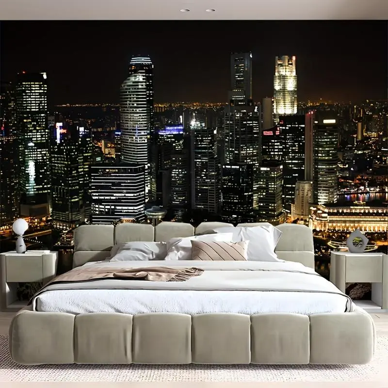 1pc Knit Velvet Cityscape Tapestry Wall Hanging - Black Background with Peach Fur, 100% Polyester Upholstery, Decorative Bedroom Items for Wall Use, Living Room Decor & Decor Inspo