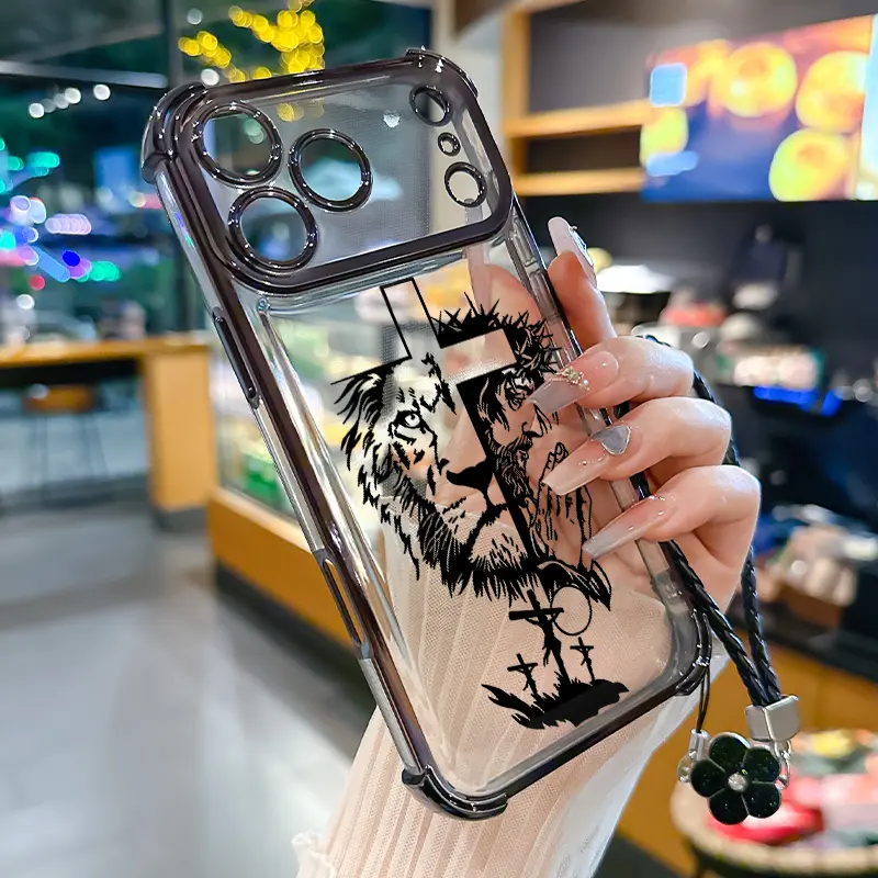 Jesus Cross Lion Pattern Phone Case for iPhone Samsung Galaxy 17Pro Max Air 16 15Plus 14 13 12 11 S26 S25 S24 S23 S22 Cases, Shockproof Drop, Protection Durable, Christian Faith Durable Bumper with Lanyard Art.