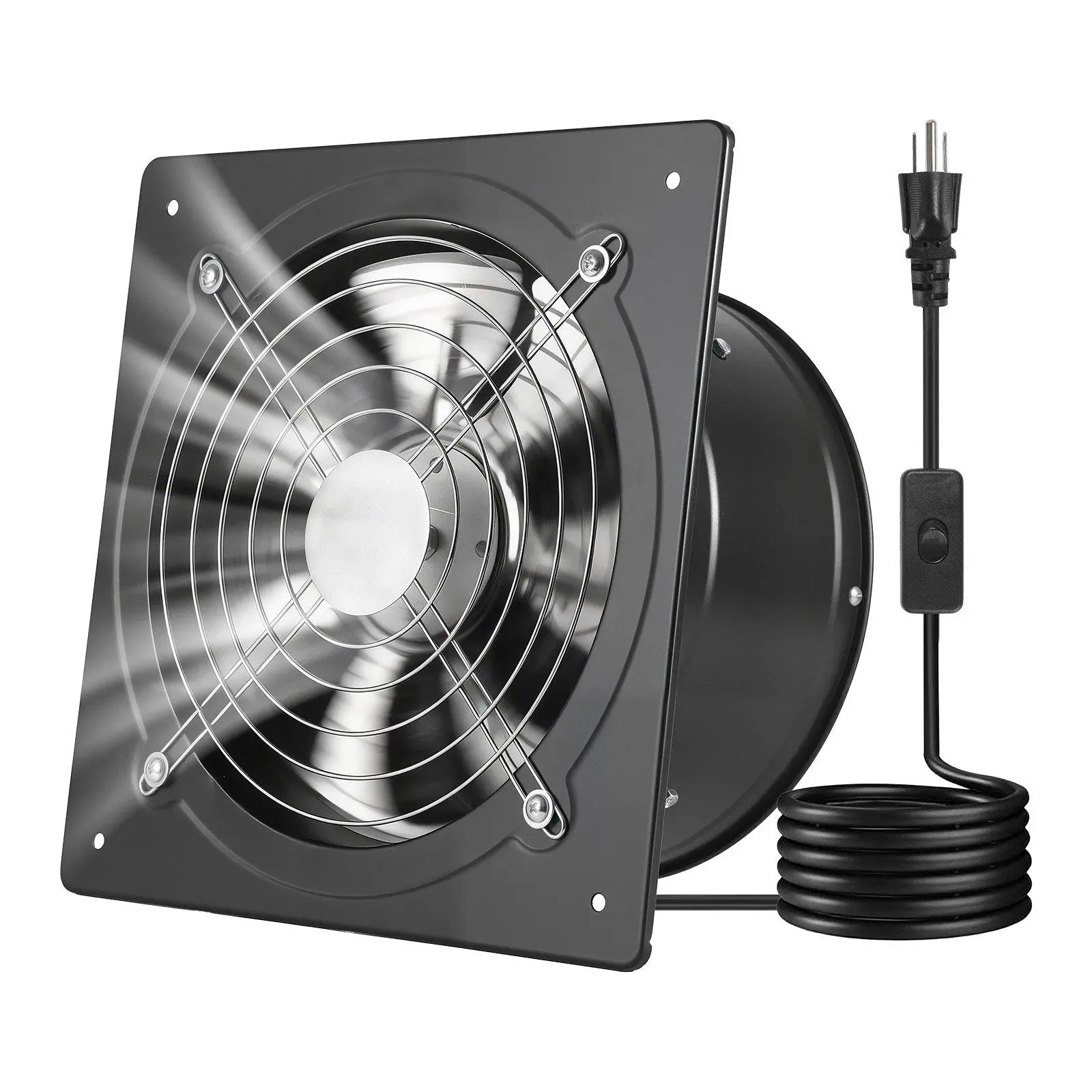 High Velocity Wall Mount Exhaust Fan (6/8/10 in), 988 CFM Ventilation Extractor with On-Off Control, Low Consumption, Portable, for Attic, Garage, Black