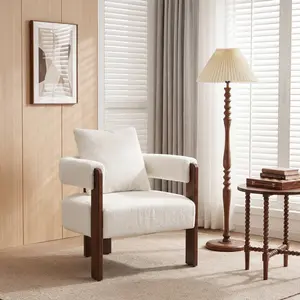 Vabches Modern Accent Chair with Wooden Frame, Cozy Plush Lounge Chair for Living Room Bedroom, White Sherpa Armchair, Mid-Century Style Accent Chair